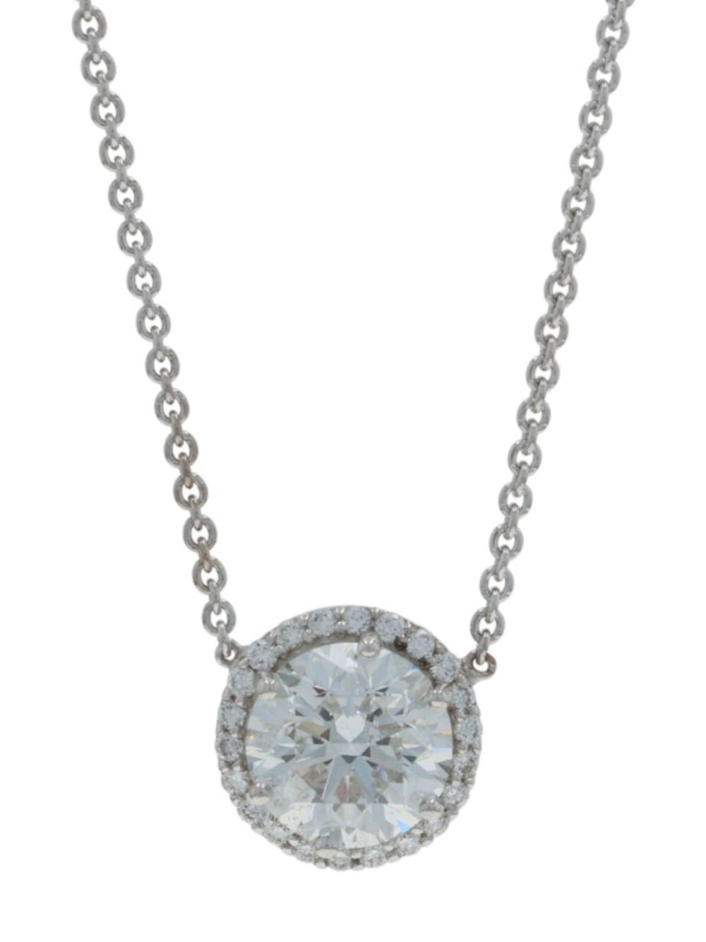 White Gold Diamond Halo Pendant Necklace 18" - 14k Round 1.45ctw GIA Adjustable